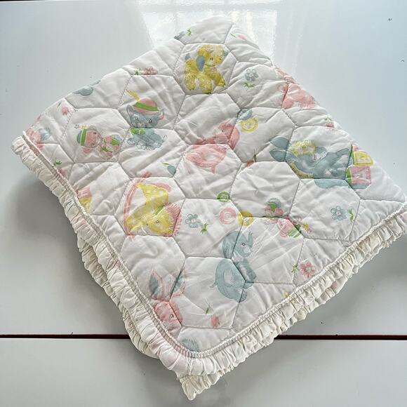 Vintage Pastel Quilted Baby Blanket comforter Elephant Bunny Kitty Horse - Picture 2 of 10